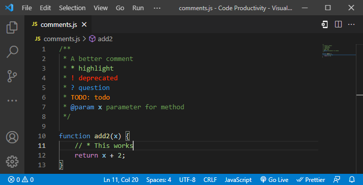 better comments with vs code extension to be more productive