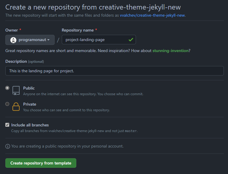 Create a free landing page: Repository from Template Theme