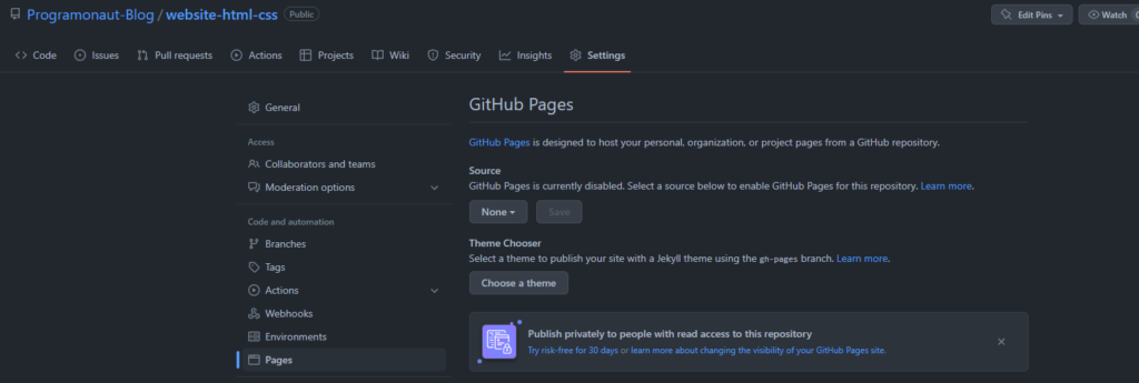 Host Website with GitHub Pages  for free: Open GitHub Pages Tab
