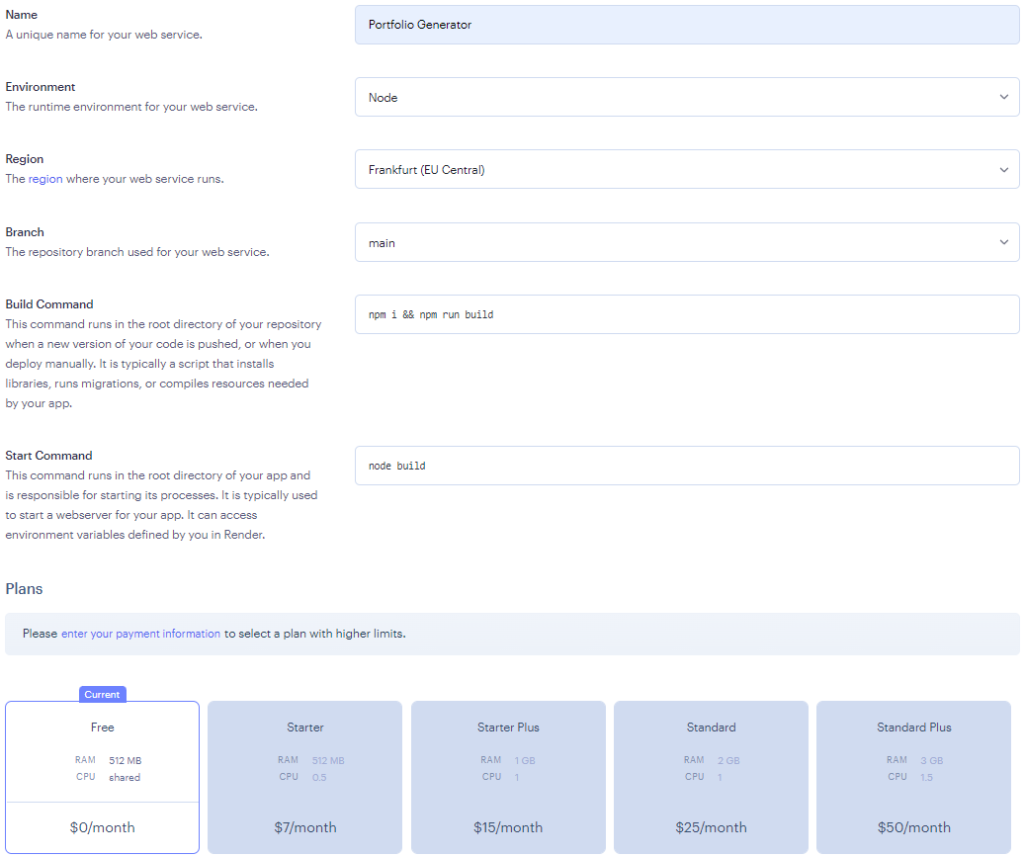 Host your application with render for free: Web Service Configuration (Free Tier)