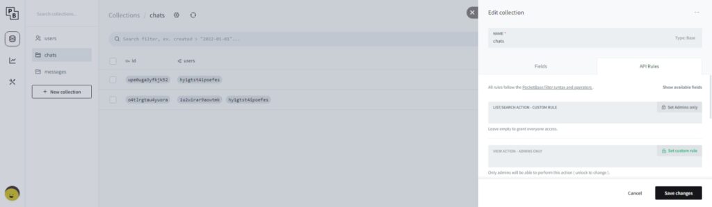 realtime chat using pocketbase: set api rules
