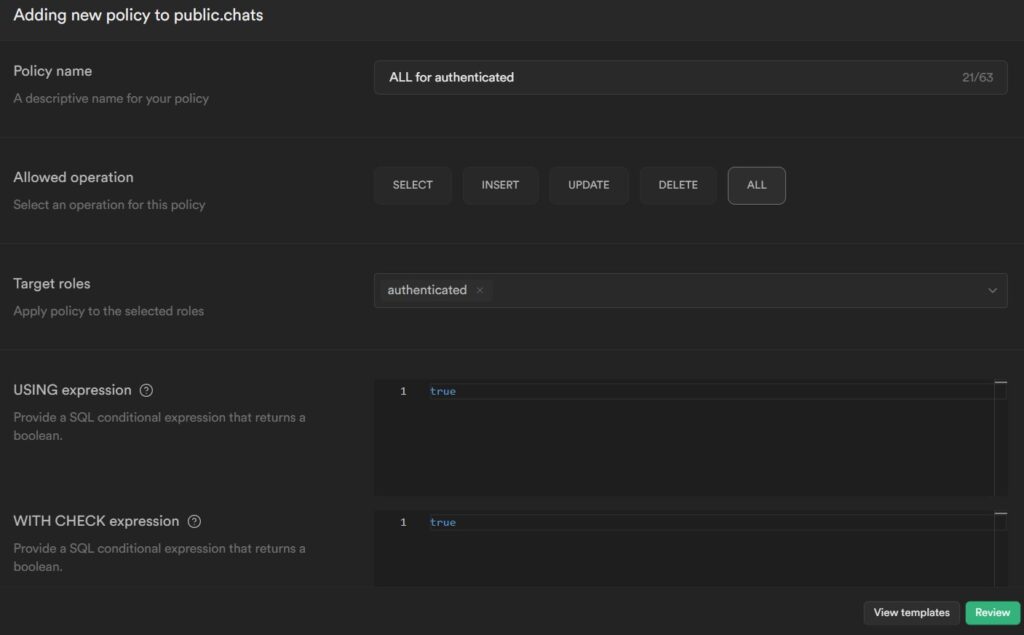 realtime chat using supabase: all policy definition