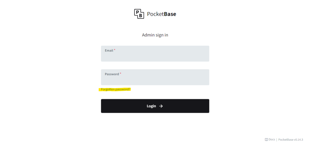 reset pocketbase admin account: login screen