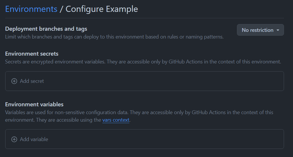 environment secrets and variables in github action: example environment overview