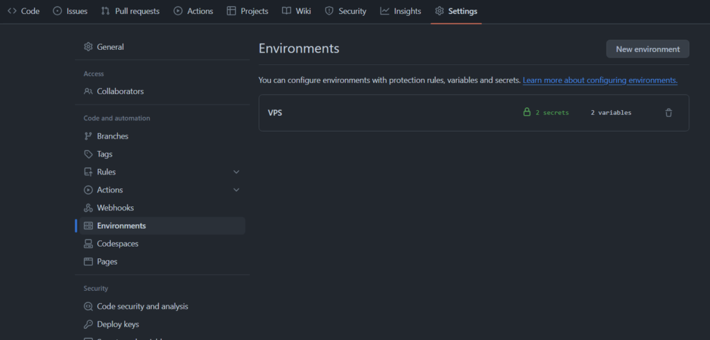 environment secrets and variables in github action: create a new environment